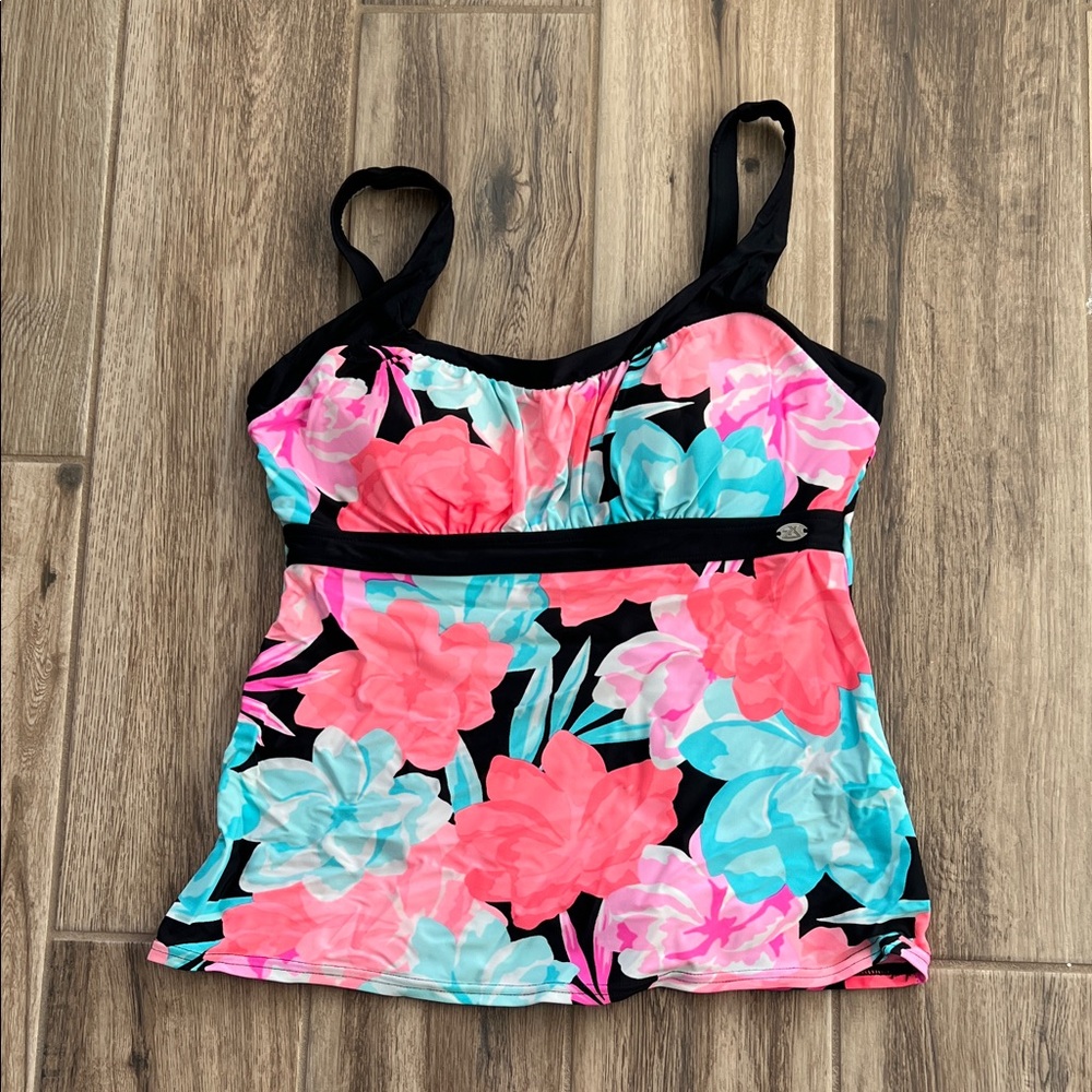 Floral ZeroXposure Tankini Top with Black Straps Size L